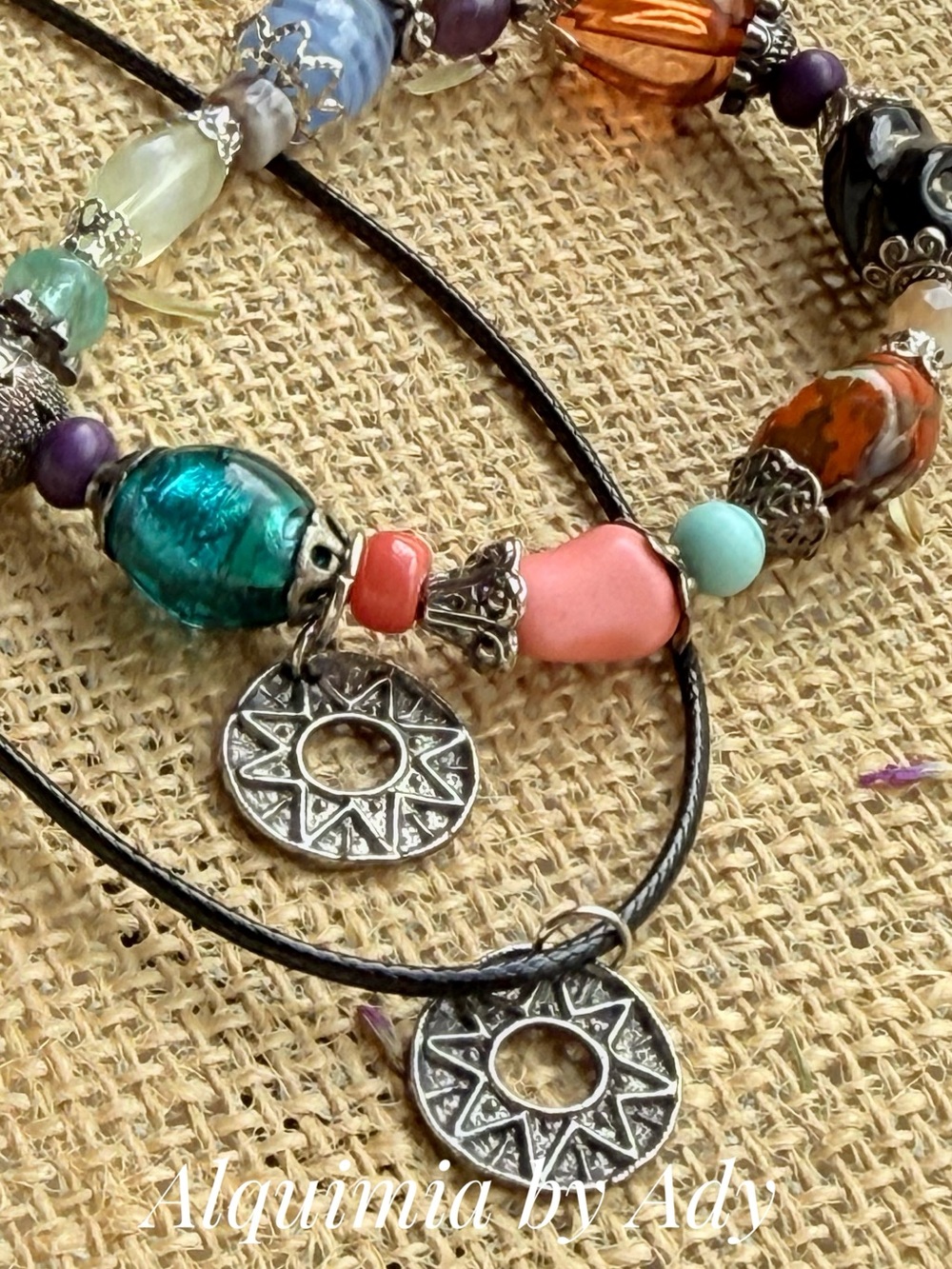 Coral and Teal Beaded bracelet with Sun cord pendant Pendant set